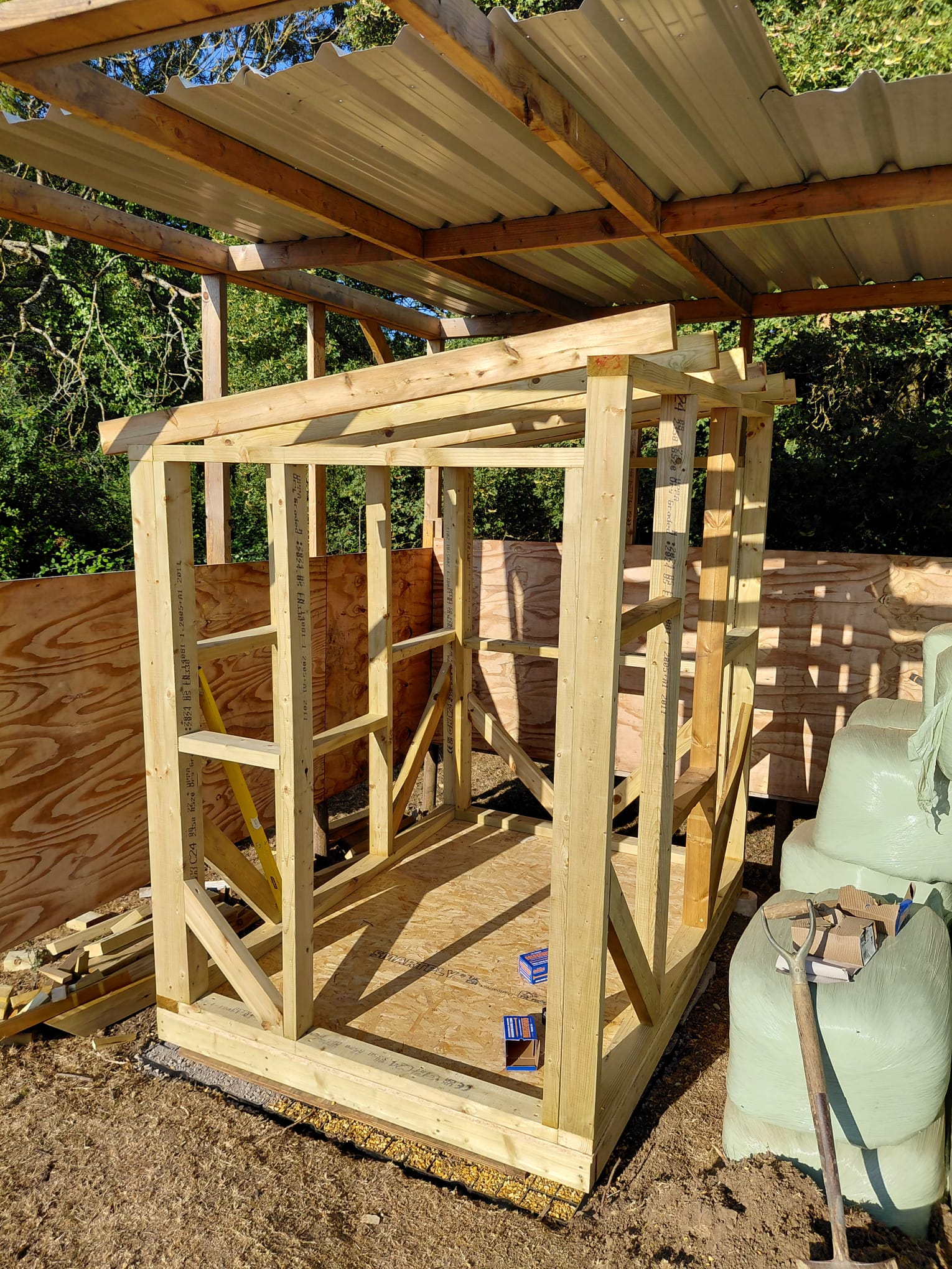 C24 timber frame for a garden shed under construction