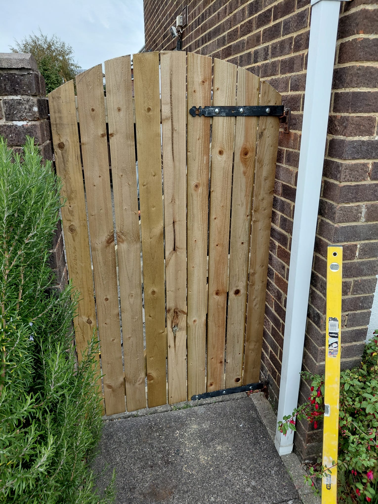 New arched-top pressure-treated timber side gate hung on black T-hinges